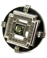 Period piece de resistance. T Tahari captures the Art Deco era with its Definitely Deco stretch ring. It's crafted from silver-tone mixed metal with green and clear crystal accents set on black enamel for a vibrant touch. Base metal is nickel-free for sensitive skin. Period piece de resistance. T Tahari captures the Art Deco era with its Definitely Deco stretch ring. It's crafted from silver-tone mixed metal with green and clear crystal accents set on black enamel for a vibrant touch. Base metal is nickel-free for sensitive skin.