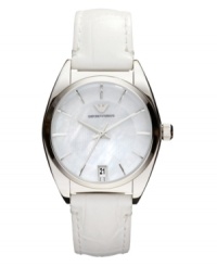 A mesmerizing mother-of-pearl dial adds allure to the sleek design of this Emporio Armani watch. A mesmerizing mother-of-pearl dial adds allure to the sleek design of this Emporio Armani watch.