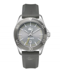 Lacoste's mellow color palette lends cool, calm style to this Sport Navigator design. Textured gray rubber strap and round stainless steel case. Gray dial white stick indices, luminous hands, date window at six o'clock, iconic crocodile logo and yellow second hand and accent ring. Quartz movement. Water resistant to 50 meters. Two-year limited warranty. Lacoste's mellow color palette lends cool, calm style to this Sport Navigator design. Textured gray rubber strap and round stainless steel case. Gray dial white stick indices, luminous hands, date window at six o'clock, iconic crocodile logo and yellow second hand and accent ring. Quartz movement. Water resistant to 50 meters. Two-year limited warranty.