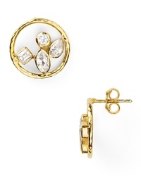 Set with a cluster of cubic zirconia stones, Melinda Maria's dazzling 14-karat gold hoops are an exquisite set that are designed to be shown off. Set with a cluster of cubic zirconia stones, Melinda Maria's dazzling 14-karat gold hoops are an exquisite set that are designed to be shown off.
