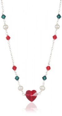 Swarovski Elements Red Heart and Red and Green Bicone with White Freshwater Pearls on Sterling Silver Chain Necklace, 18 Swarovski Elements Red Heart and Red and Green Bicone with White Freshwater Pearls on Sterling Silver Chain Necklace, 18