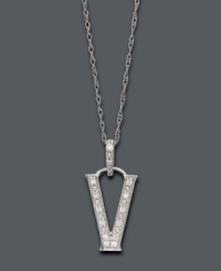Spell it out in sparkle! This personalized initial charm necklace makes the perfect gift for Veronica or Vanessa. Features sparkling, round-cut diamond accents. Setting and chain crafted in 14k white gold. Approximate length: 18 inches. Approximate drop: 1/2 inch. Spell it out in sparkle! This personalized initial charm necklace makes the perfect gift for Veronica or Vanessa. Features sparkling, round-cut diamond accents. Setting and chain crafted in 14k white gold. Approximate length: 18 inches. Approximate drop: 1/2 inch.