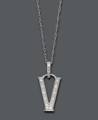 Spell it out in sparkle! This personalized initial charm necklace makes the perfect gift for Veronica or Vanessa. Features sparkling, round-cut diamond accents. Setting and chain crafted in 14k white gold. Approximate length: 18 inches. Approximate drop: 1/2 inch.