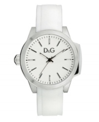 Keep the mood light with this bright watch by D&G. White silicone strap and round stainless steel case. White dial features applied silver tone stick indices, minute track, luminous hands and logo. Quartz movement. Water resistant to 30 meters. Three-year limited warranty. Keep the mood light with this bright watch by D&G. White silicone strap and round stainless steel case. White dial features applied silver tone stick indices, minute track, luminous hands and logo. Quartz movement. Water resistant to 30 meters. Three-year limited warranty.