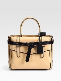 A refined shape of rich bridle leather, complete with a tailored front flap and buckled belt. Double top handles, 5½ dropFront flap pocketBack pocket with snap closureTwo inside zip pocketsCotton lining12¾W X 10H X 4DImported A refined shape of rich bridle leather, complete with a tailored front flap and buckled belt. Double top handles, 5½ dropFront flap pocketBack pocket with snap closureTwo inside zip pocketsCotton lining12¾W X 10H X 4DImported