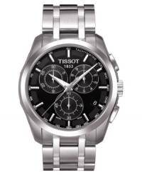 A solid watch at the top of its class. This Tissot watch features a stainless steel bracelet and round case. Chronograph black dial with silvertone stick indices, logo, date window and three subdials. Quartz movement. Water resistant to 100 meters. Two-year limited warranty. A solid watch at the top of its class. This Tissot watch features a stainless steel bracelet and round case. Chronograph black dial with silvertone stick indices, logo, date window and three subdials. Quartz movement. Water resistant to 100 meters. Two-year limited warranty.