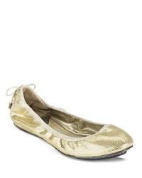 A metallic gray finish makes this Cole Haan ballet flat shine; lace up details lend this style a casual look. A metallic gray finish makes this Cole Haan ballet flat shine; lace up details lend this style a casual look.