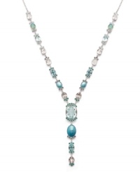 Stir up a style sensation in a fresh splash of blue. Y-shaped necklace by Swarovski features sparkling light blue crystals set in palladium plated mixed metal. Approximate length: 19 inches. Stir up a style sensation in a fresh splash of blue. Y-shaped necklace by Swarovski features sparkling light blue crystals set in palladium plated mixed metal. Approximate length: 19 inches.