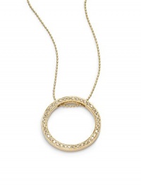 THE LOOKEternity circle pendant.05 tcw diamond accents14k yellow gold settingSpring ring closureTHE MEASUREMENTDiameter, about 1Length, about 15.5ORIGINImported THE LOOKEternity circle pendant.05 tcw diamond accents14k yellow gold settingSpring ring closureTHE MEASUREMENTDiameter, about 1Length, about 15.5ORIGINImported
