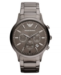 Sleek gunmetal adds industrial toughness to this classic chronograph watch from Emporio Armani. Sleek gunmetal adds industrial toughness to this classic chronograph watch from Emporio Armani.