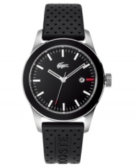 Style that breathes. This fantastic sport watch features a perforated black rubber strap with logo and round stainless steel case. Black bezel. Black dial with white stick indices, date window and alligator logo. Quartz movement. Water resistant to 30 meters. Two-year limited warranty. Style that breathes. This fantastic sport watch features a perforated black rubber strap with logo and round stainless steel case. Black bezel. Black dial with white stick indices, date window and alligator logo. Quartz movement. Water resistant to 30 meters. Two-year limited warranty.