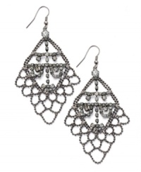Lovely in lace. Bar III's elaborate drop earrings feature a diamond-shaped design. Ornate hematite-plated mixed metal combines with sparkling jet glass crystals. Approximate drop: 2-1/2 inches. Lovely in lace. Bar III's elaborate drop earrings feature a diamond-shaped design. Ornate hematite-plated mixed metal combines with sparkling jet glass crystals. Approximate drop: 2-1/2 inches.
