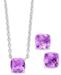 A fun and colorful update to your wardrobe, this matching pendant and earrings set features cushion-cut pink amethyst (5 ct. t.w.) set in sterling silver. Approximate length: 18 inches. Approximate drop (pendant): 1/4 inch. Approximate drop (earrings): 1/4 inch. A fun and colorful update to your wardrobe, this matching pendant and earrings set features cushion-cut pink amethyst (5 ct. t.w.) set in sterling silver. Approximate length: 18 inches. Approximate drop (pendant): 1/4 inch. Approximate drop (earrings): 1/4 inch.