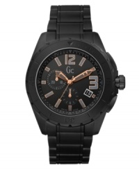 Black out imprecision with this powerful Sport Class XXL watch by Gc Swiss Made Timepieces. Crafted of heavy-duty black ceramic with 2 side-pusher deployment buckles and round black ceramic case. Matte black chronograph dial features rose-gold tone numerals at twelve and three o'clock, stick indices, minute track, tachymeter scale, date window at four o'clock, two subdials, luminous hands and logo at twelve o'clock. Swiss quartz movement. Water resistant to 100 meters. Ten-year limited warranty. Luxury Gc gift box packaging included. Black out imprecision with this powerful Sport Class XXL watch by Gc Swiss Made Timepieces. Crafted of heavy-duty black ceramic with 2 side-pusher deployment buckles and round black ceramic case. Matte black chronograph dial features rose-gold tone numerals at twelve and three o'clock, stick indices, minute track, tachymeter scale, date window at four o'clock, two subdials, luminous hands and logo at twelve o'clock. Swiss quartz movement. Water resistant to 100 meters. Ten-year limited warranty. Luxury Gc gift box packaging included.