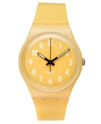 Throw on some metal with this Flaky Yellow watch from Swatch. Throw on some metal with this Flaky Yellow watch from Swatch.