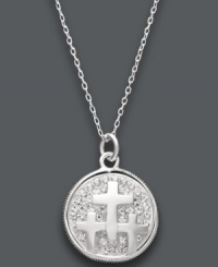 Three things to live by. This sentimental pendant features a sterling silver and sparkling crystal cross design with the engraved words Faith, Hope, and Love. Approximate length: 18 inches. Approximate drop: 1 inch. Three things to live by. This sentimental pendant features a sterling silver and sparkling crystal cross design with the engraved words Faith, Hope, and Love. Approximate length: 18 inches. Approximate drop: 1 inch.