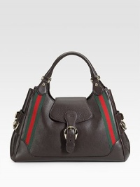 Rich leather with signature web detailing and adjustable side buckles.Double top handles, 7 drop Flap snap close Adjustable side buckles One inside zip and two inside open pockets Fully lined Protective metal feet 17W X 10H X 5D Made in Italy Rich leather with signature web detailing and adjustable side buckles.Double top handles, 7 drop Flap snap close Adjustable side buckles One inside zip and two inside open pockets Fully lined Protective metal feet 17W X 10H X 5D Made in Italy