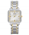 Add a special sparkle to your look with this beautiful watch by Bulova. Goldtone & silvertone stainless steel bracelet and square case. Diamond accents at bezel. Silvertone dial with diamond accents at markers, logo and goldtone accents. Quartz movement. Water resistant to 30 meters. Three-year limited warranty.
