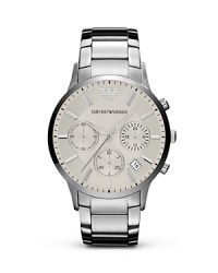 This Emporio Armani piece works hard with a versatile style that goes on-and-off the clock, crafted of a stainless steel case with a three eye chronograph dial as a classic counterpart. This Emporio Armani piece works hard with a versatile style that goes on-and-off the clock, crafted of a stainless steel case with a three eye chronograph dial as a classic counterpart.