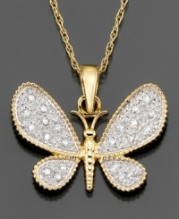 Beautiful and graceful, this diamond butterfly necklace features round-cut diamond (1/10 ct. t.w.) set in 14k white and yellow gold. Approximate length: 18 inches. Approximate drop: 1/2 inch. Beautiful and graceful, this diamond butterfly necklace features round-cut diamond (1/10 ct. t.w.) set in 14k white and yellow gold. Approximate length: 18 inches. Approximate drop: 1/2 inch.