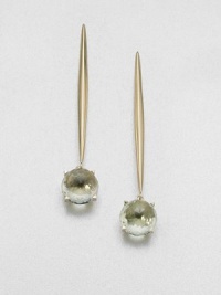 Faceted cabochons of softly hued green amethyst suspend elegantly from modern sculptural drops of 14k gold.Green amethyst14k yellow goldLength, about 2½Post backMade in USA Faceted cabochons of softly hued green amethyst suspend elegantly from modern sculptural drops of 14k gold.Green amethyst14k yellow goldLength, about 2½Post backMade in USA