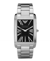 On time every day, for every occasion. Slim dress watch by Emporio Armani crafted of stainless steel bracelet and rectangular case. Black dial features silver tone Roman numerals, minute track, two hands and logo. Quartz movement. Water resistant to 30 meters. Two-year limited warranty.