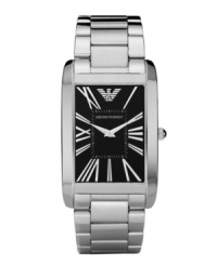 On time every day, for every occasion. Slim dress watch by Emporio Armani crafted of stainless steel bracelet and rectangular case. Black dial features silver tone Roman numerals, minute track, two hands and logo. Quartz movement. Water resistant to 30 meters. Two-year limited warranty. On time every day, for every occasion. Slim dress watch by Emporio Armani crafted of stainless steel bracelet and rectangular case. Black dial features silver tone Roman numerals, minute track, two hands and logo. Quartz movement. Water resistant to 30 meters. Two-year limited warranty.