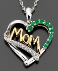 Show mom your love with this colorful pendant features round-cut emerald (1/3 ct. t.w.) and diamond accents set in 14k gold. Approximate length: 18 inches. Approximate drop: 1 inch. Show mom your love with this colorful pendant features round-cut emerald (1/3 ct. t.w.) and diamond accents set in 14k gold. Approximate length: 18 inches. Approximate drop: 1 inch.