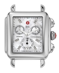 Twelve sparkling diamonds mark the hours on the dial of this Deco Day watch head. Swiss chronograph movement along with signature Michele touches complete the look. Fits with any 18 mm Michele strap. Twelve sparkling diamonds mark the hours on the dial of this Deco Day watch head. Swiss chronograph movement along with signature Michele touches complete the look. Fits with any 18 mm Michele strap.