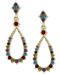 Drops of loveliness. 2028's colorful drop earrings feature a sweet teardrop design, complemented with multicolored czech stones. Set in gold tone mixed metal. Approximate drop length: 2-1/2 inches. Approximate drop diameter: 1/2 inch. Drops of loveliness. 2028's colorful drop earrings feature a sweet teardrop design, complemented with multicolored czech stones. Set in gold tone mixed metal. Approximate drop length: 2-1/2 inches. Approximate drop diameter: 1/2 inch.
