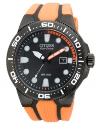 Vibrant orange accents pop on this professional quality diver's watch from Citizen. Built with Eco-Drive technology, harnessing natural and artificial light, never needing a battery. Vibrant orange accents pop on this professional quality diver's watch from Citizen. Built with Eco-Drive technology, harnessing natural and artificial light, never needing a battery.