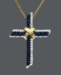 A cross pendant with depth and beauty featuring round-cut sapphire (3/8 ct. t.w.) and diamond (1/10 ct. t.w.) set in 14k gold and sterling silver. Approximate length: 18 inches. Approximate drop: 1 inch. A cross pendant with depth and beauty featuring round-cut sapphire (3/8 ct. t.w.) and diamond (1/10 ct. t.w.) set in 14k gold and sterling silver. Approximate length: 18 inches. Approximate drop: 1 inch.