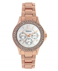Look on the bright side. Rosy watch by Style&co. crafted of rose-gold-plated mixed metal bracelet and round case. Bezel embellished with crystal accents. Mother-of-pearl dial features applied rose-gold tone numerals at twelve, four and eight o'clock, stick indices, Look on the bright side. Rosy watch by Style&co. crafted of rose-gold-plated mixed metal bracelet and round case. Bezel embellished with crystal accents. Mother-of-pearl dial features applied rose-gold tone numerals at twelve, four and eight o'clock, stick indices,