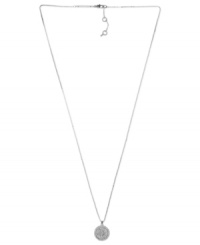 Understated appeal. Michael Kors' necklace, crafted from silver ion-plated steel, features a concave glass pave pendant for a subtle, yet stylish, statement. Approximate length: 30 inches + 2-inch extender. Approximate drop: 3/4 inch. Understated appeal. Michael Kors' necklace, crafted from silver ion-plated steel, features a concave glass pave pendant for a subtle, yet stylish, statement. Approximate length: 30 inches + 2-inch extender. Approximate drop: 3/4 inch.