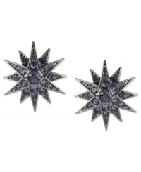 Shine like a star. Betsey Johnson's stud earrings are crafted from hematite-plated silver-tone mixed metal with purple glass crystal accents for a vibrant touch. Approximate drop: 3/4 inch. Shine like a star. Betsey Johnson's stud earrings are crafted from hematite-plated silver-tone mixed metal with purple glass crystal accents for a vibrant touch. Approximate drop: 3/4 inch.