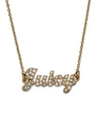 The write stuff. Juicy Couture plays the name game in winning fashion with this necklace crafted from gold tone brass with glass accents and cubic zirconia (1/2 ct. t.w.). Approximate length: 14 inches + 3-inch extender. Approximate drop: 3/8 inch. The write stuff. Juicy Couture plays the name game in winning fashion with this necklace crafted from gold tone brass with glass accents and cubic zirconia (1/2 ct. t.w.). Approximate length: 14 inches + 3-inch extender. Approximate drop: 3/8 inch.