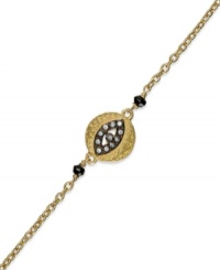 Wrist watching. This bracelet, crafted from 14k gold over sterling silver and oxidized sterling silver, features an evil eye charm at the center with round-cut cubic zirconia accents providing a lustrous touch. Approximate length: 7-1/2 inches. Approximate charm size: 1/2 inch. Wrist watching. This bracelet, crafted from 14k gold over sterling silver and oxidized sterling silver, features an evil eye charm at the center with round-cut cubic zirconia accents providing a lustrous touch. Approximate length: 7-1/2 inches. Approximate charm size: 1/2 inch.