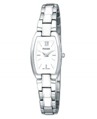 Unparalleled elegance ideal for unforgettable occasions, by Pulsar. Crafted of stainless steel bracelet with white enamel inlays and rounded rectangular case. White dial features silver-tone Roman numeral and logo at twelve o'clock, applied stick indices, and hour and minute hands. Quartz movement. Water resistant to 30 meters. Three-year limited warranty. Unparalleled elegance ideal for unforgettable occasions, by Pulsar. Crafted of stainless steel bracelet with white enamel inlays and rounded rectangular case. White dial features silver-tone Roman numeral and logo at twelve o'clock, applied stick indices, and hour and minute hands. Quartz movement. Water resistant to 30 meters. Three-year limited warranty.