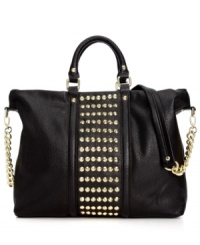 Channel your inner rocker-chic with this standout style from Steve Madden. Shiny, golden studs and chain-link detailing add edgy glam to the outside, while the ultra-roomy interior stashes everything from concert tickets to stilettos. Channel your inner rocker-chic with this standout style from Steve Madden. Shiny, golden studs and chain-link detailing add edgy glam to the outside, while the ultra-roomy interior stashes everything from concert tickets to stilettos.