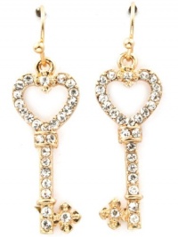 Gold Plated Sparkling Clear Crystal 1 Open Heart Shaped Key Charm Dangle Earrings Gold Plated Sparkling Clear Crystal 1 Open Heart Shaped Key Charm Dangle Earrings