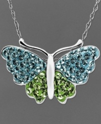 Draw stylish inspiration from nature. Kaleidoscope's darling butterfly pendant features blue and green crystal wings with Swarovski Elements. Set in sterling silver. Approximate length: 18 inches. Approximate drop: 1/2 inch. Draw stylish inspiration from nature. Kaleidoscope's darling butterfly pendant features blue and green crystal wings with Swarovski Elements. Set in sterling silver. Approximate length: 18 inches. Approximate drop: 1/2 inch.