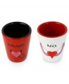 Who's naughty or nice? Whether you're feeling good or bad, there's something to suit your mood in this ceramic shot glass set from Betsey Johnson. Items come packaged in a signature Betsey Johnson Gift Box. Approximate diameter: 2-1/4 inches.