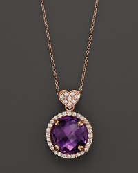 An amethyst and diamond pendant necklace in rose gold with signature heart bail from Lisa Nik's Rocks collection. An amethyst and diamond pendant necklace in rose gold with signature heart bail from Lisa Nik's Rocks collection.
