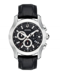 Designed for all-day style and functionality. Stratford collection watch by Bulova Accutron crafted of black croc-embossed leather bracelet and round stainless steel case with curved sapphire crystal. Black chronograph dial features tachymeter scale, silver tone stick indices, minute track, date window at four o'clock, three subdials, luminous hands and logo. Swiss quartz movement. Water resistant to 50 meters. Five-year limited warranty. Designed for all-day style and functionality. Stratford collection watch by Bulova Accutron crafted of black croc-embossed leather bracelet and round stainless steel case with curved sapphire crystal. Black chronograph dial features tachymeter scale, silver tone stick indices, minute track, date window at four o'clock, three subdials, luminous hands and logo. Swiss quartz movement. Water resistant to 50 meters. Five-year limited warranty.