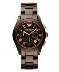 Guilty pleasure. Rich, dessert-worthy tones sweeten up this watch by Emporio Armani. Brown ceramic bracelet and round case. Brown chronograph dial features rose-gold tone Roman numerals, three subdials, date window, luminous hands and logo. Quartz movement. Water resistant to 30 meters. Two-year limited warranty. Guilty pleasure. Rich, dessert-worthy tones sweeten up this watch by Emporio Armani. Brown ceramic bracelet and round case. Brown chronograph dial features rose-gold tone Roman numerals, three subdials, date window, luminous hands and logo. Quartz movement. Water resistant to 30 meters. Two-year limited warranty.