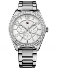 The classic steel watch receives a ladylike touch with Swarovski accents on this Tommy Hilfiger watch. The classic steel watch receives a ladylike touch with Swarovski accents on this Tommy Hilfiger watch.