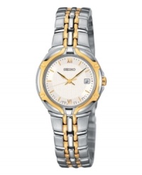 A striking timepiece from Seiko. Goldtone and silvertone stainless steel bracelet and case, 24mm. White dial with shiny goldtone accents and date window. Three-hand, quartz movement. Water resistant to 30 meters. A striking timepiece from Seiko. Goldtone and silvertone stainless steel bracelet and case, 24mm. White dial with shiny goldtone accents and date window. Three-hand, quartz movement. Water resistant to 30 meters.