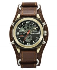 Unlisted captures cool, casual style with this vintage-inspired cuff watch. Brown leather strap and round brushed gold tone mixed metal case. Black dial features numerals at twelve, three, six and nine o'clock, stick indices, digital day display, digital time display and logo. Quartz movement. Splash resistant. Two-year limited warranty. Unlisted captures cool, casual style with this vintage-inspired cuff watch. Brown leather strap and round brushed gold tone mixed metal case. Black dial features numerals at twelve, three, six and nine o'clock, stick indices, digital day display, digital time display and logo. Quartz movement. Splash resistant. Two-year limited warranty.