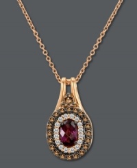 Royally chic. Le Vian's sumptuously sparkling pendant features an oval-cut rhodalite (3/4 ct. t.w.) surrounded bye two rings of round-cut chocolate diamonds (1/4 ct. t.w.) and white diamonds (1/8 ct. t.w.). Set in 14k rose gold. Approximate length: 18 inches. Approximate drop: 3/4 inch. Royally chic. Le Vian's sumptuously sparkling pendant features an oval-cut rhodalite (3/4 ct. t.w.) surrounded bye two rings of round-cut chocolate diamonds (1/4 ct. t.w.) and white diamonds (1/8 ct. t.w.). Set in 14k rose gold. Approximate length: 18 inches. Approximate drop: 3/4 inch.