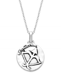Optimistic, freedom-loving, honest & loving. Unwritten's chic Zodiac pendant features the signature Sagittarius design with these unique qualities listed on the reverse side. Set in sterling silver. Approximate length: 18 inches. Approximate drop: 3/4 inch. Optimistic, freedom-loving, honest & loving. Unwritten's chic Zodiac pendant features the signature Sagittarius design with these unique qualities listed on the reverse side. Set in sterling silver. Approximate length: 18 inches. Approximate drop: 3/4 inch.